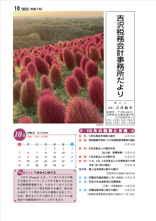 吉沢税務会計事務所だより10月