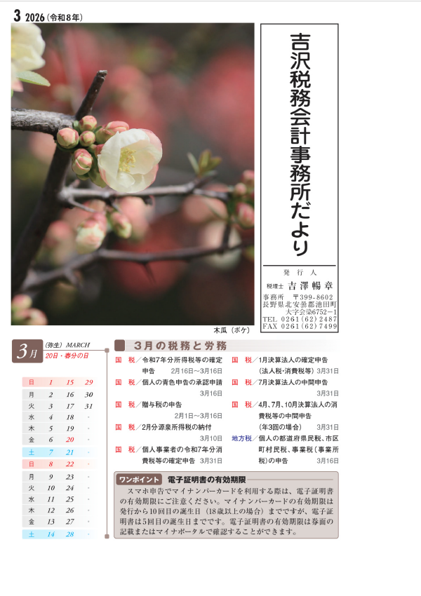 吉沢税務会計事務所だより3月